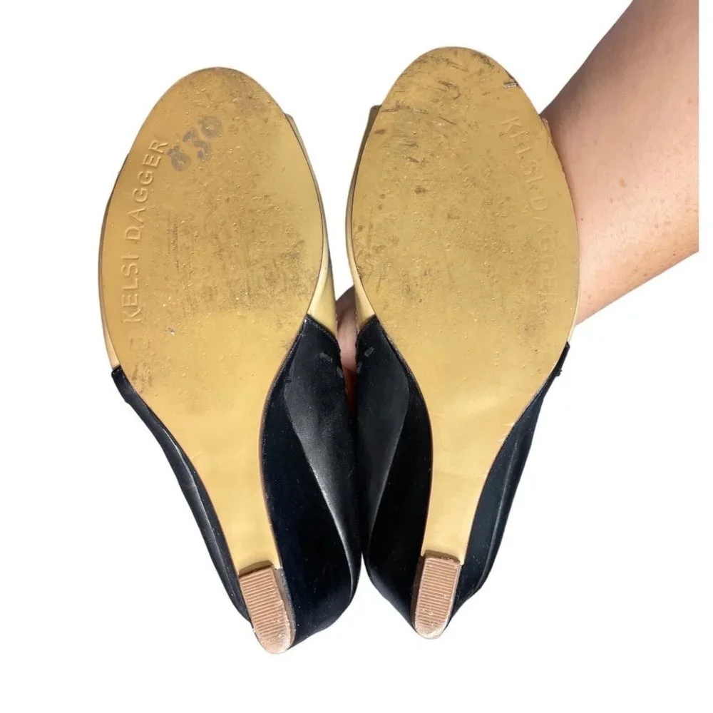 Kelsi Dagger Genelle Black Tan Peep Toe Wedge Heel Shoes Sz 5 - Picture 7 of 7
